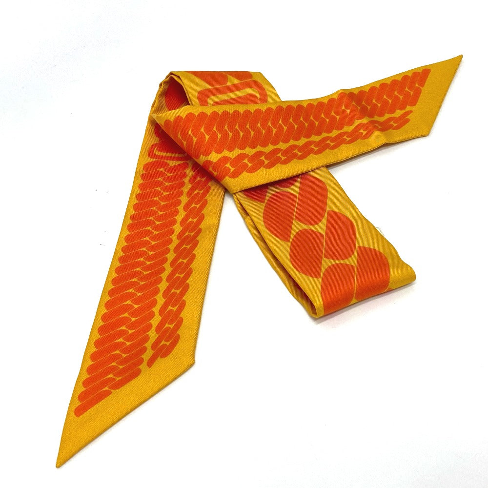 HERMES scarf silk Orange Chain motif Twilly Women Used Authentic