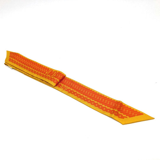 HERMES scarf silk Orange Chain motif Twilly Women Used Authentic