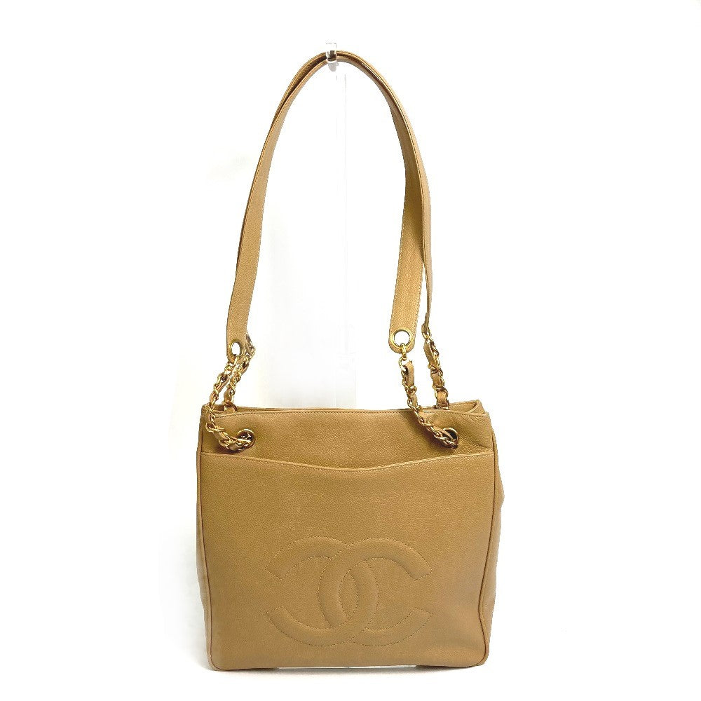 CHANEL Shoulder Bag Caviar skin beige CC COCO Mark Chain Tote Bag Women Used Authentic