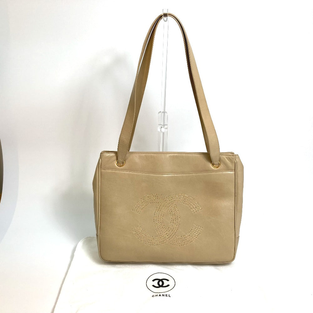 CHANEL Tote Bag lambskin beige Bag Shoulder Bag CC COCO Mark logo Studs Women Used Authentic