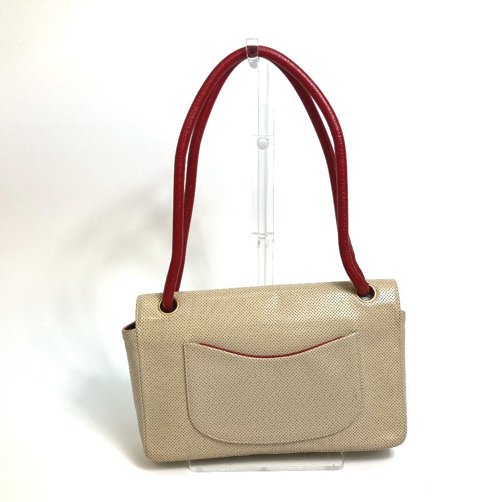 CHANEL Shoulder Bag leather Beige typex red COCO Mark CC Punching Bicolor Women Used Authentic
