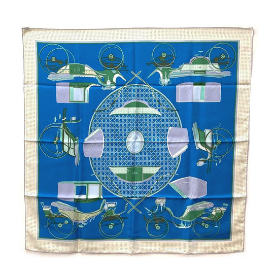 HERMES scarf silk Blue x Green x Ivory LA PERRIERE Carriage Women Used Authentic
