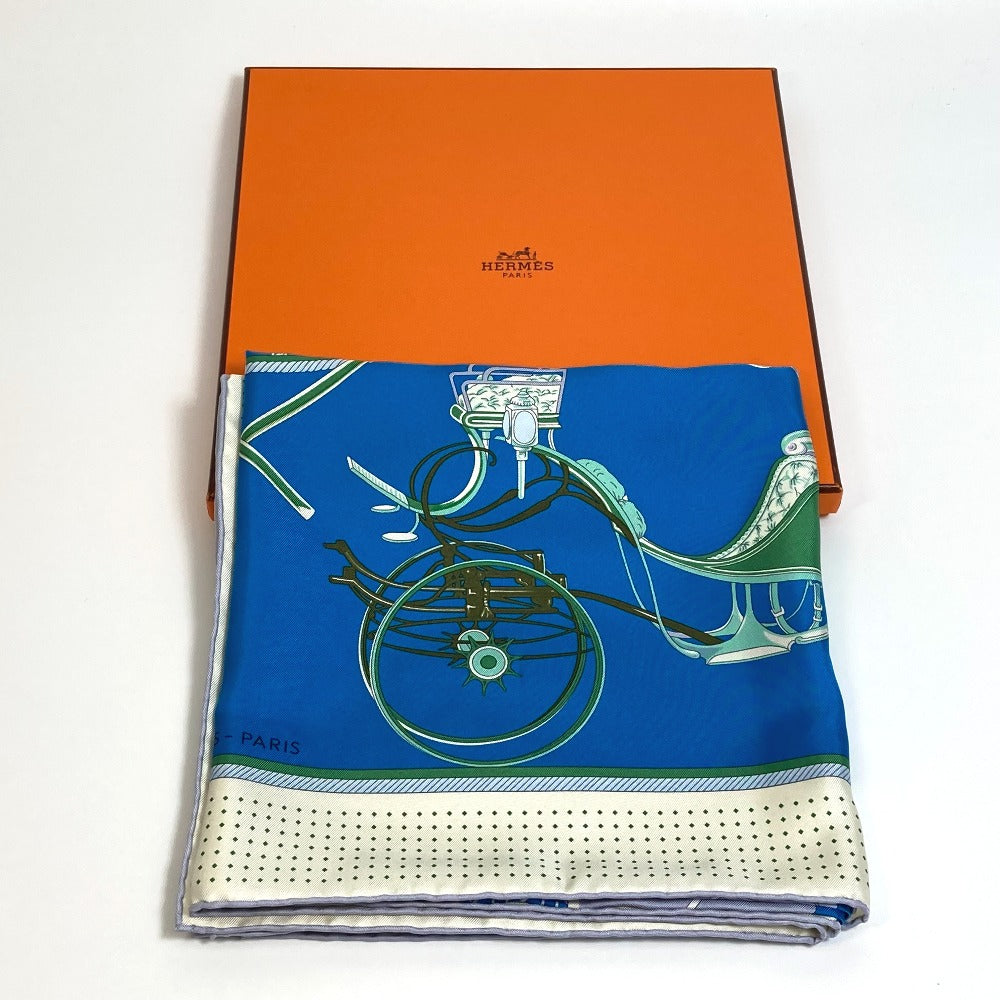 HERMES scarf silk Blue x Green x Ivory LA PERRIERE Carriage Women Used Authentic