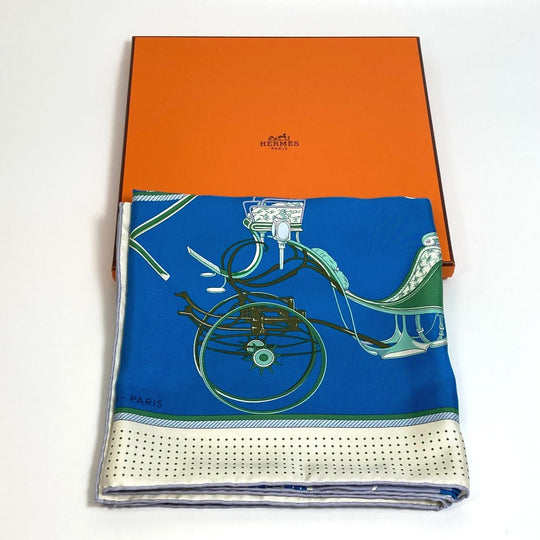 HERMES scarf silk Blue x Green x Ivory LA PERRIERE Carriage Women Used Authentic
