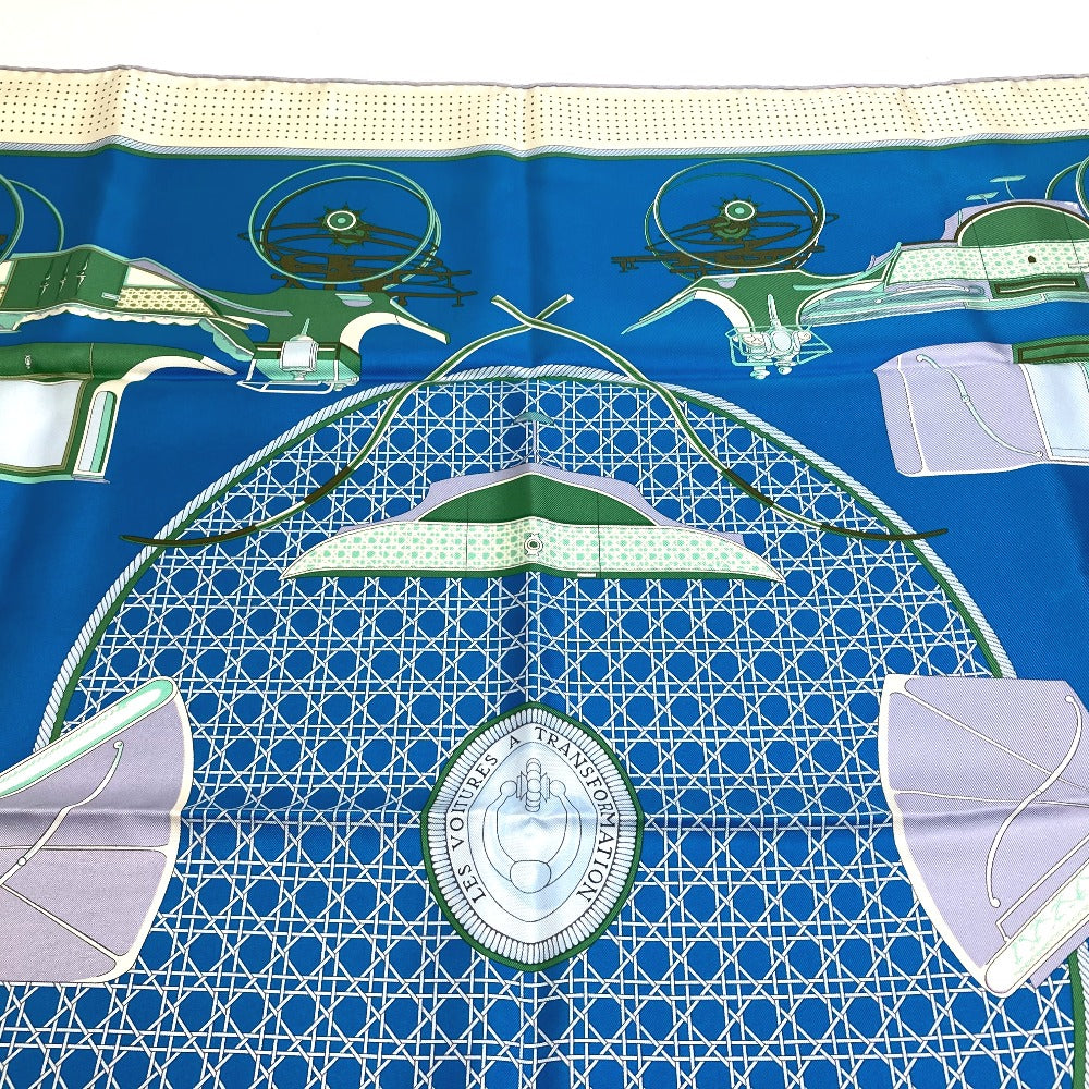 HERMES scarf silk Blue x Green x Ivory LA PERRIERE Carriage Women Used Authentic