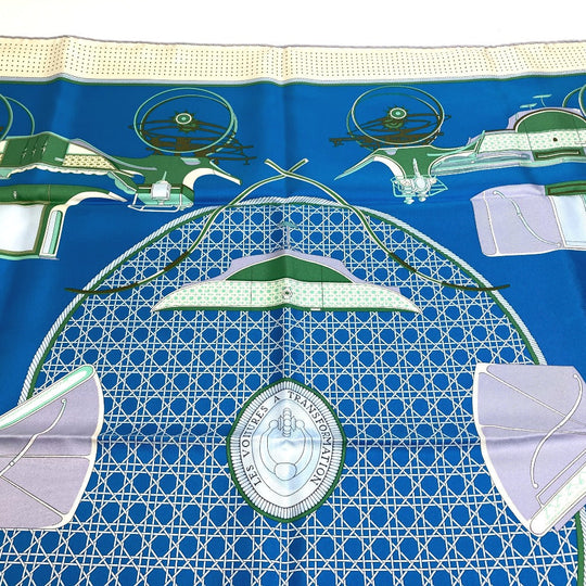 HERMES scarf silk Blue x Green x Ivory LA PERRIERE Carriage Women Used Authentic