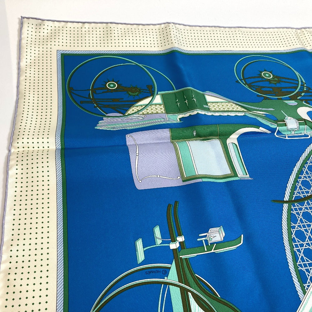 HERMES scarf silk Blue x Green x Ivory LA PERRIERE Carriage Women Used Authentic