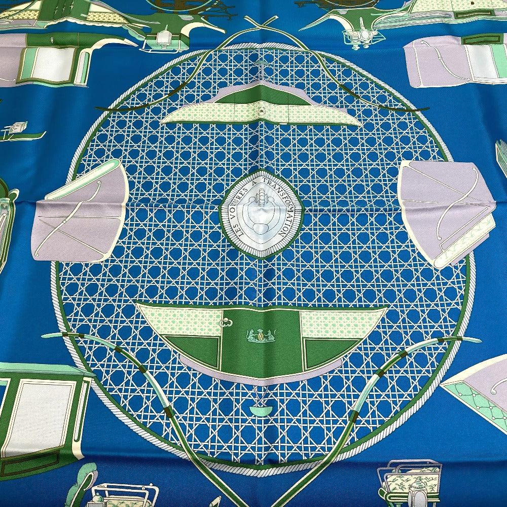 HERMES scarf silk Blue x Green x Ivory LA PERRIERE Carriage Women Used Authentic
