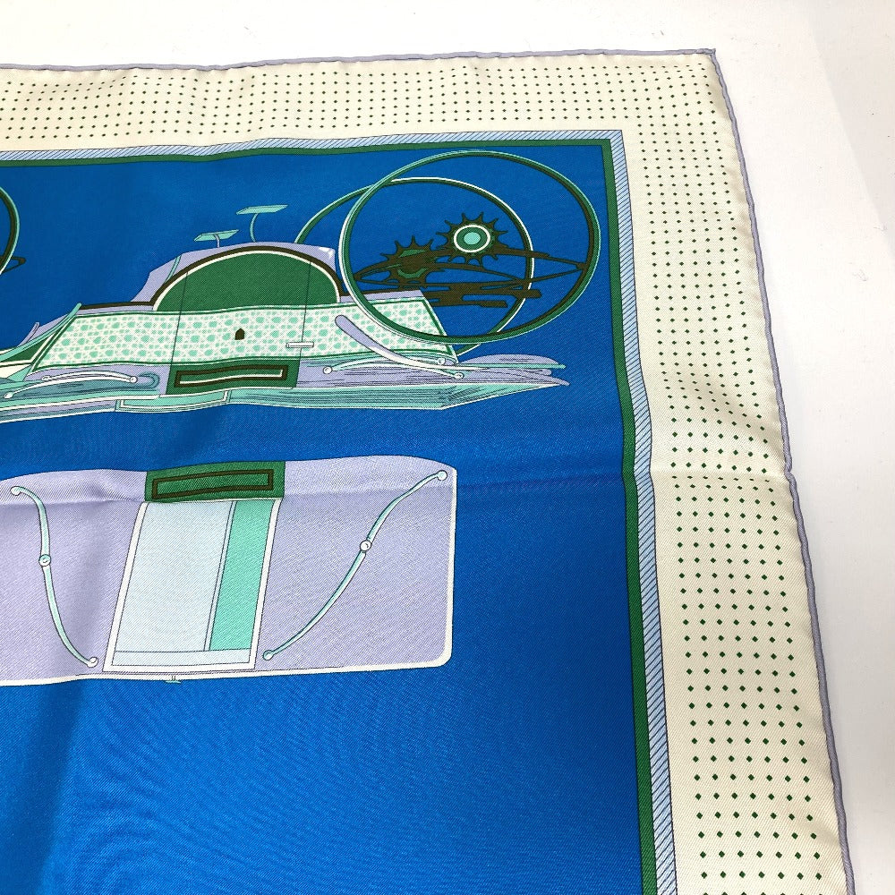 HERMES scarf silk Blue x Green x Ivory LA PERRIERE Carriage Women Used Authentic