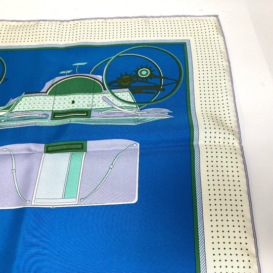 HERMES scarf silk Blue x Green x Ivory LA PERRIERE Carriage Women Used Authentic