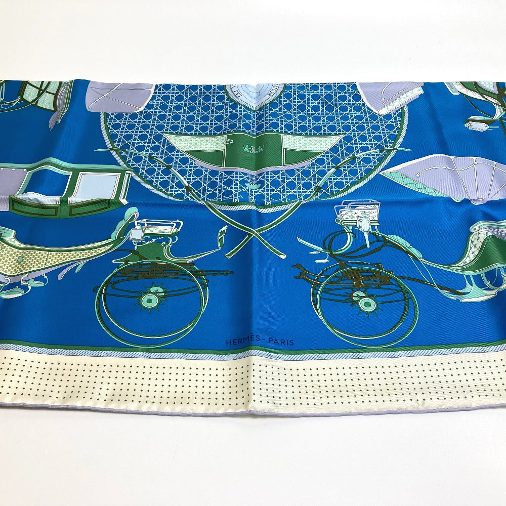 HERMES scarf silk Blue x Green x Ivory LA PERRIERE Carriage Women Used Authentic