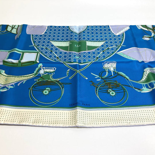 HERMES scarf silk Blue x Green x Ivory LA PERRIERE Carriage Women Used Authentic