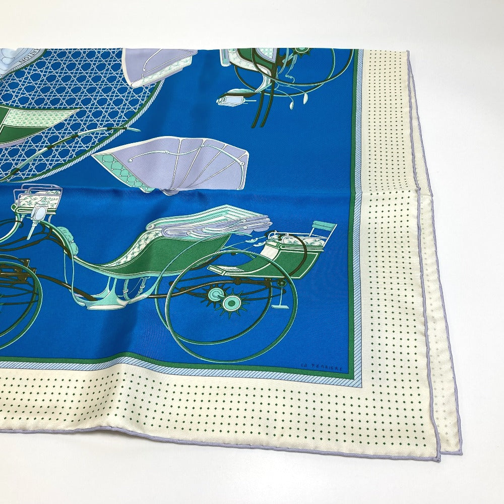 HERMES scarf silk Blue x Green x Ivory LA PERRIERE Carriage Women Used Authentic