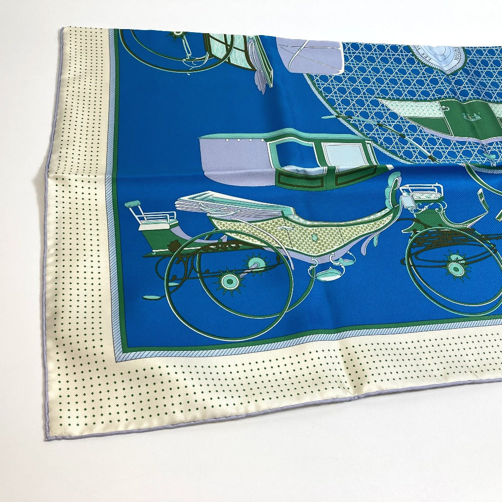 HERMES scarf silk Blue x Green x Ivory LA PERRIERE Carriage Women Used Authentic