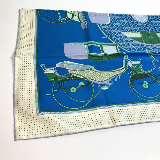 HERMES scarf silk Blue x Green x Ivory LA PERRIERE Carriage Women Used Authentic