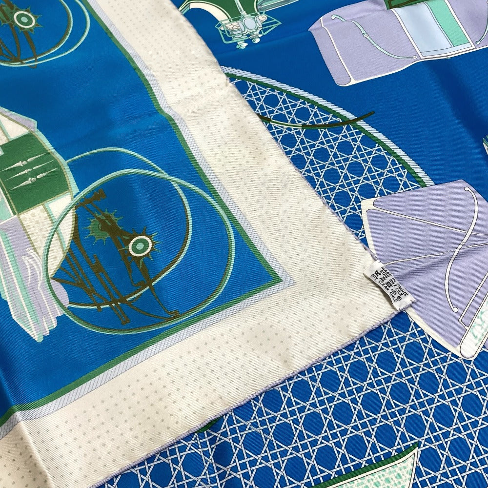 HERMES scarf silk Blue x Green x Ivory LA PERRIERE Carriage Women Used Authentic