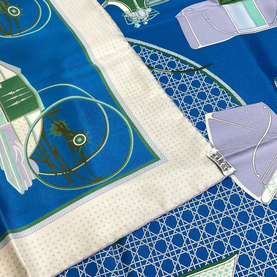 HERMES scarf silk Blue x Green x Ivory LA PERRIERE Carriage Women Used Authentic