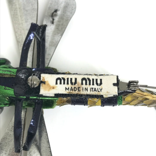MIUMIU Brooch leather Green x pink Dragonfly Women Used Authentic