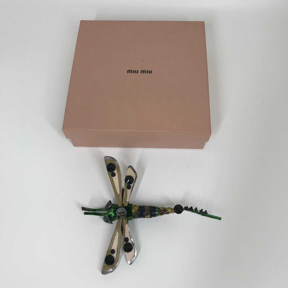 MIUMIU Brooch leather Green x pink Dragonfly Women Used Authentic