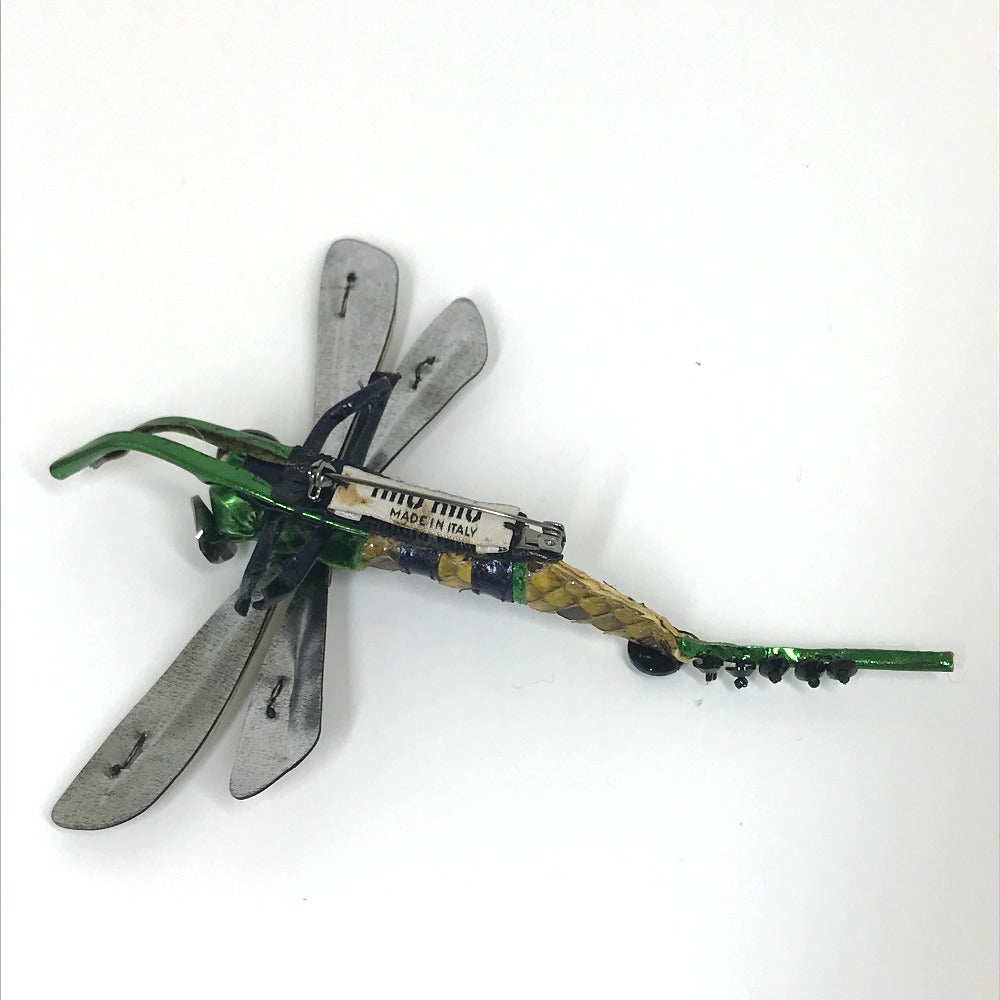 MIUMIU Brooch leather Green x pink Dragonfly Women Used Authentic