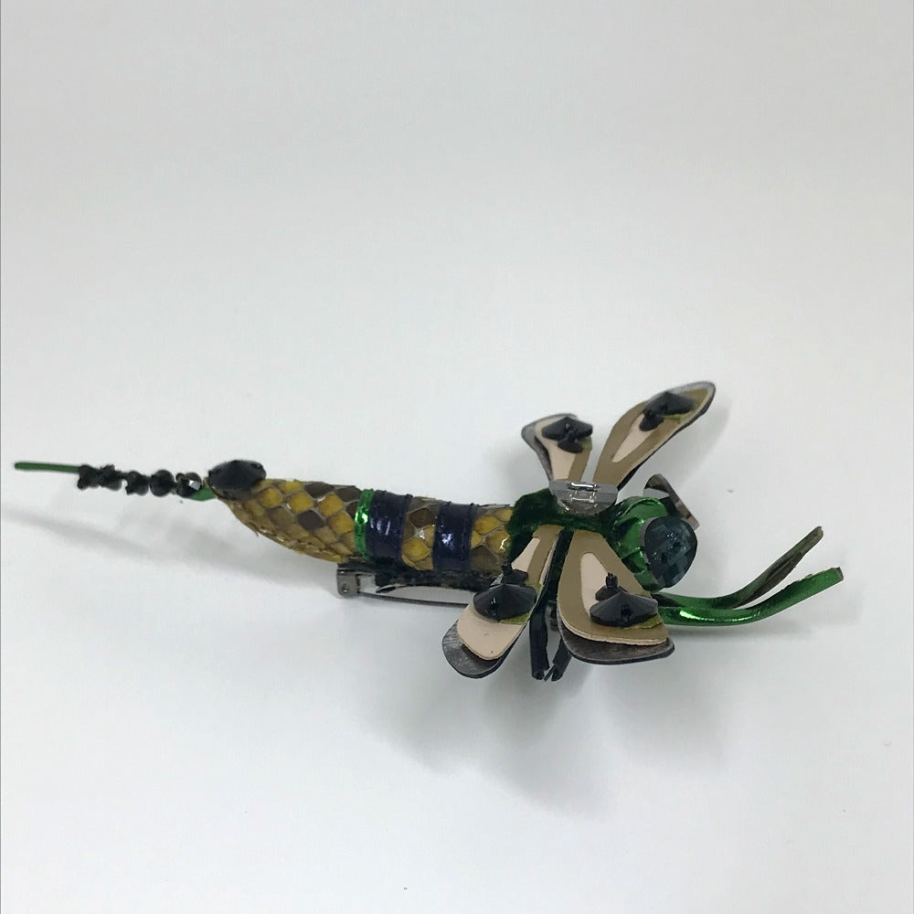 MIUMIU Brooch leather Green x pink Dragonfly Women Used Authentic