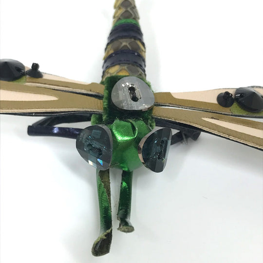 MIUMIU Brooch leather Green x pink Dragonfly Women Used Authentic