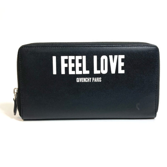 GIVENCHY Long Wallet Purse leather black I FEEL LOVE organizer mens Used Authentic