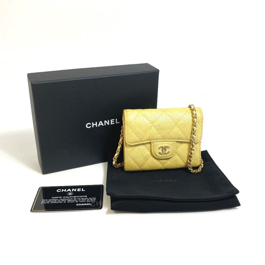 CHANEL Coin case AP0238 Caviar skin Metallic yellow CCCOCO Mark Matrasse Women Secondhand Authentic