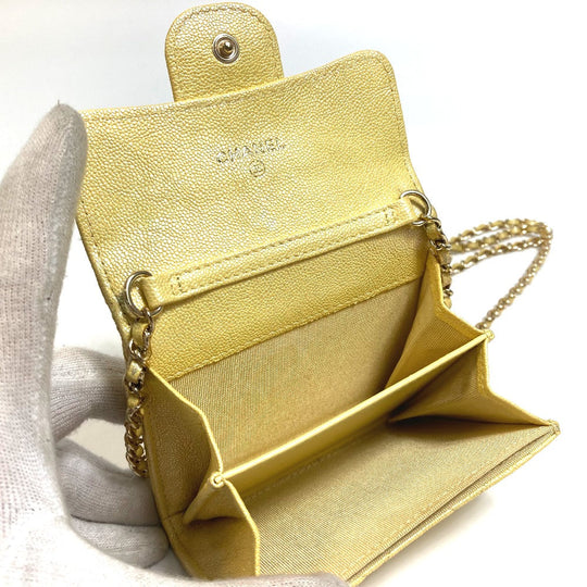 CHANEL Coin case AP0238 Caviar skin Metallic yellow CCCOCO Mark Matrasse Women Secondhand Authentic