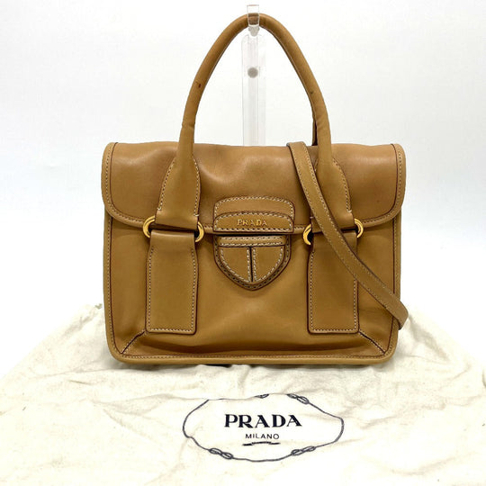 PRADA Handbag leather beige logo Square Women Used Authentic