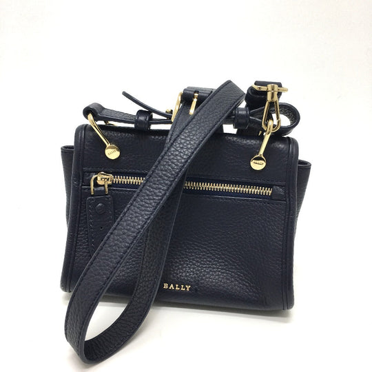 BALLY Shoulder Bag leather Navy logo Women Used Authentic