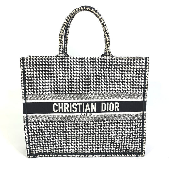 Dior Tote Bag canvas White / black Houndstooth Shoulder Bag Hound Tooth Embroidery Women Used Authentic