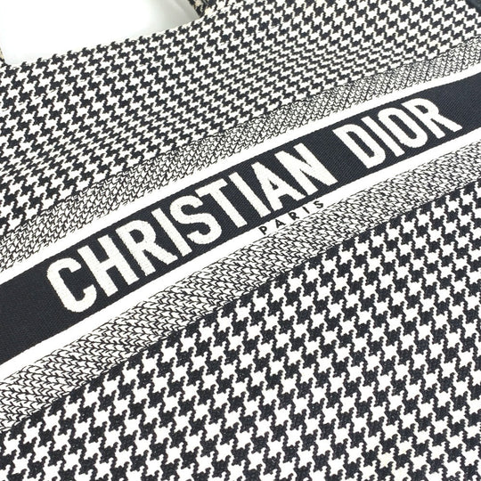 Dior Tote Bag canvas White / black Houndstooth Shoulder Bag Hound Tooth Embroidery Women Used Authentic