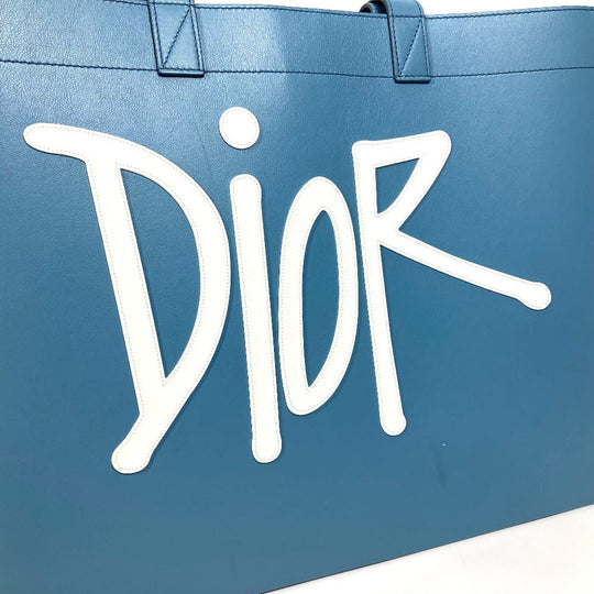 Dior Tote Bag leather blue logo Shawn Stussy collaboration mens Used Authentic