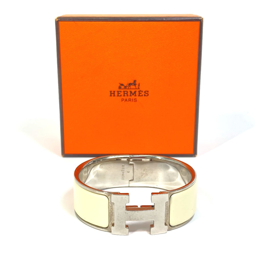 HERMES Bangle Metal, Enamel white H bangle Click Crack H GM Women Used Authentic