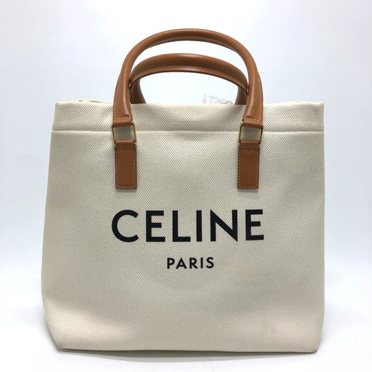 CELINE Tote Bag Canvas / leather white logo Tote Bag Women Used Authentic
