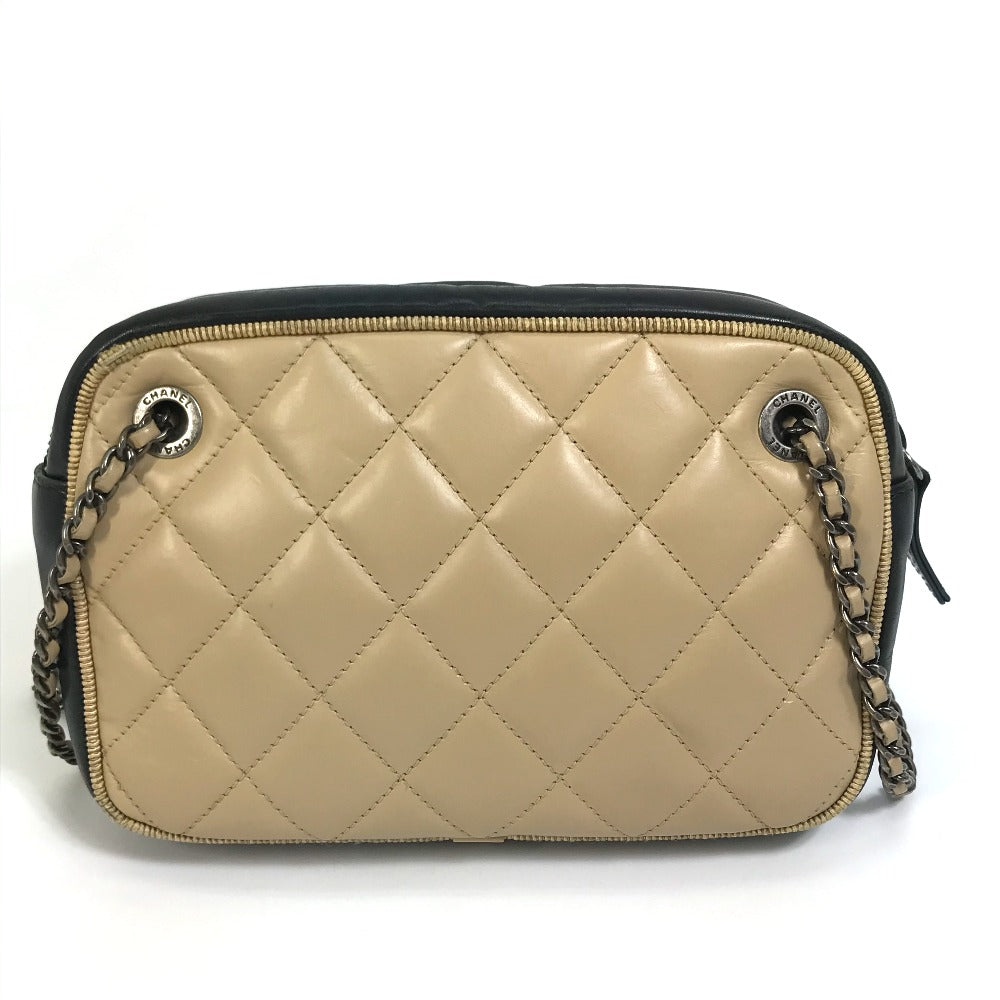 CHANEL Shoulder Bag Calf leather Beige x black CC COCO Mark ballerine Women Used Authentic