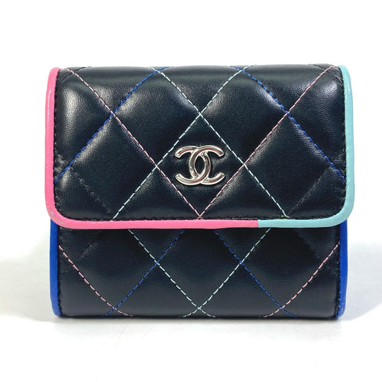 CHANEL Trifold wallet lambskin black CC COCO Mark Small flap Women Used Authentic