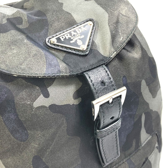 PRADA Backpack Nylon, Saffiano leather green Triangle logo camouflage camouflage saffiano