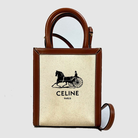 CELINE Shoulder Bag 193302DCI.02NT Canvas / leather beige Carriage Vertical hippo mini Women Used Authentic