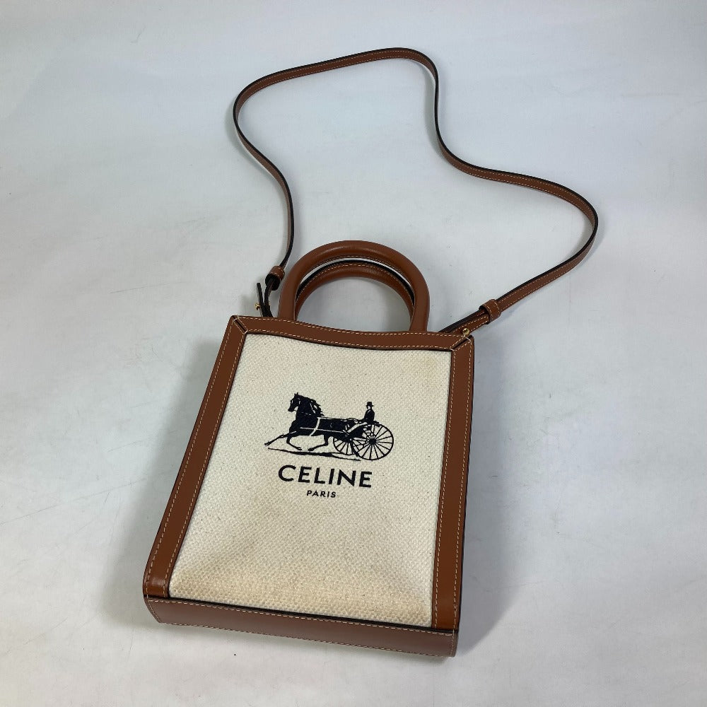 CELINE Shoulder Bag 193302DCI.02NT Canvas / leather beige Carriage Vertical hippo mini Women Used Authentic