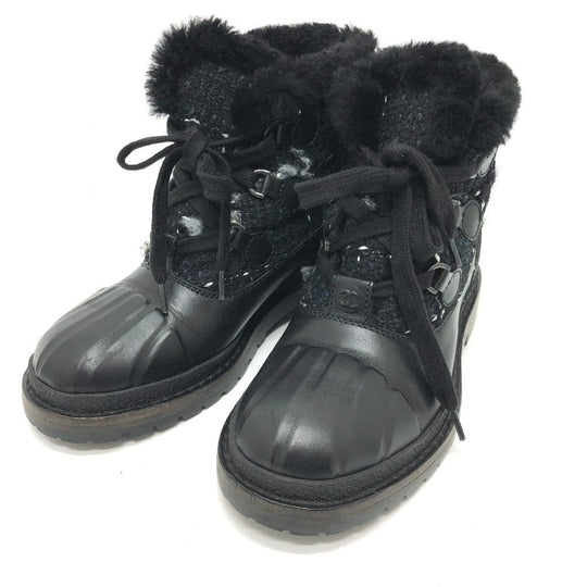 CHANEL boots Leather, Tweed blue COCO Mark short Women 36 Used Authentic