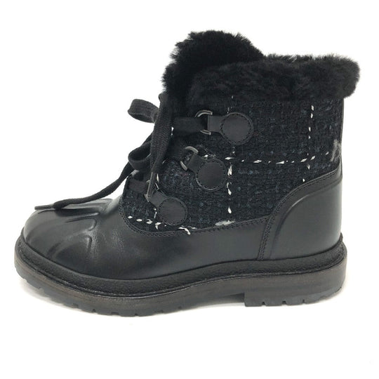 CHANEL boots Leather, Tweed blue COCO Mark short Women 36 Used Authentic