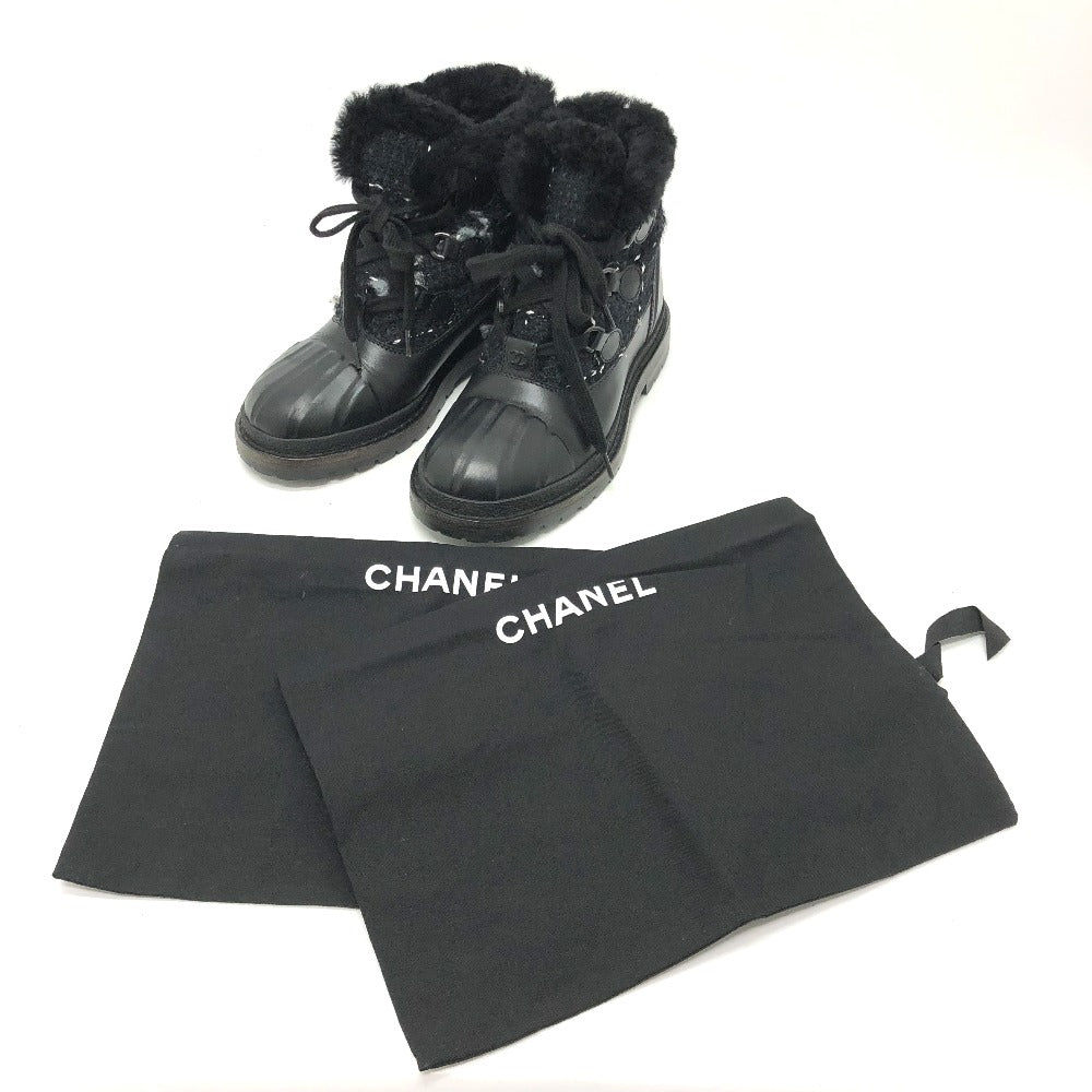 CHANEL boots Leather, Tweed blue COCO Mark short Women 36 Used Authentic