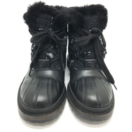 CHANEL boots Leather, Tweed blue COCO Mark short Women 36 Used Authentic