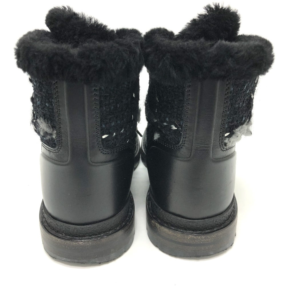 CHANEL boots Leather, Tweed blue COCO Mark short Women 36 Used Authentic