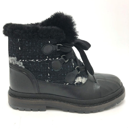 CHANEL boots Leather, Tweed blue COCO Mark short Women 36 Used Authentic
