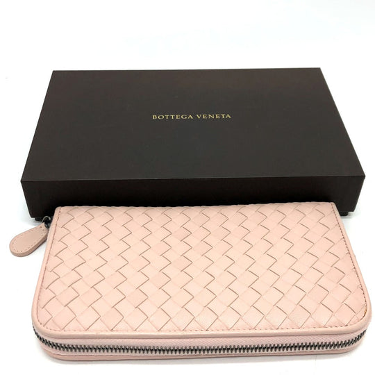 BOTTEGAVENETA Long Wallet Purse 114076 leather pink INTRECCIATO Zip Around Women Used Authentic