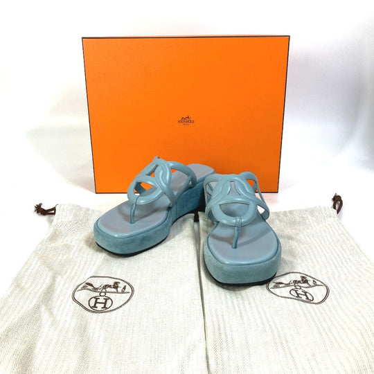 HERMES Sandals Suede / leather Light blue Platform sole Gypsy Women 38 Used Authentic