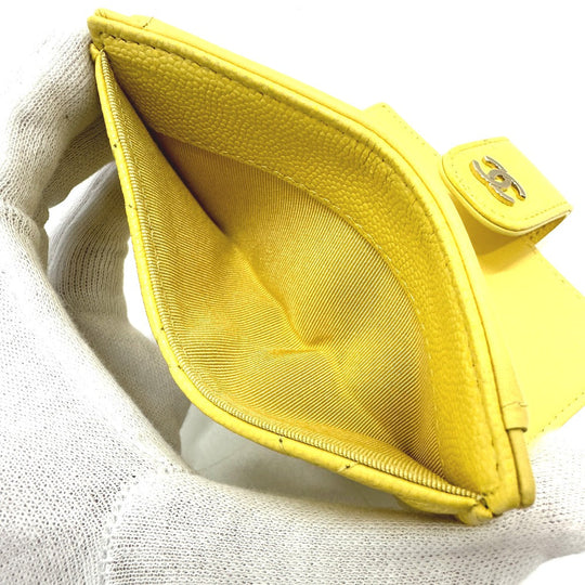 CHANEL Coin case AP1991 Caviar skin yellow CC COCO Mark classic small wallet Women Used Authentic